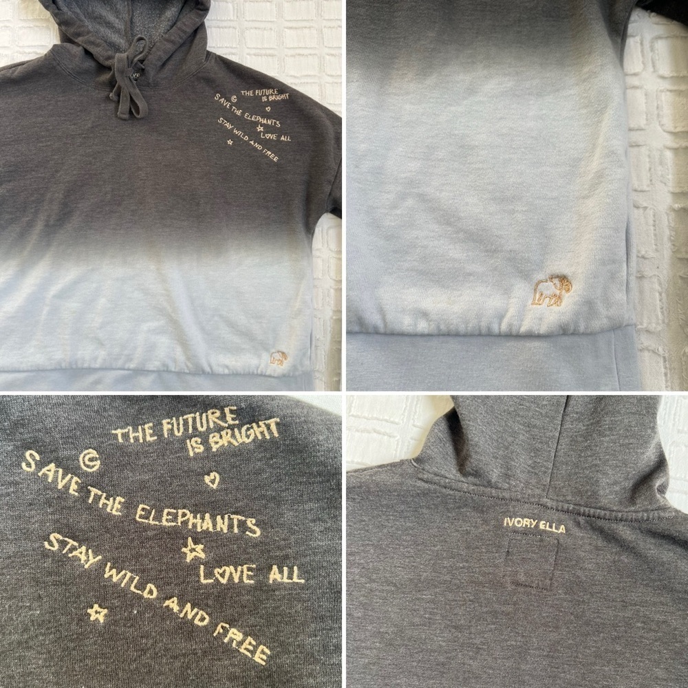 Ivory Ella Cropped Hoodie Ombré Embroidery Save The Elephants Woman’s Size XS
